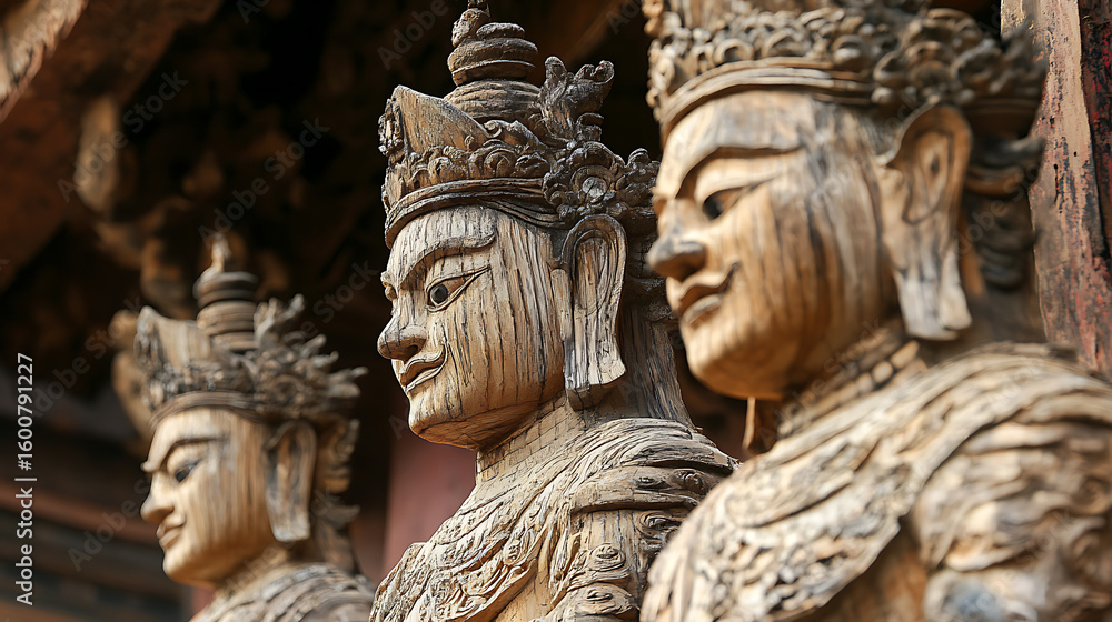 Obraz premium Wood-carved statues standing guard in front of an ancient temple 