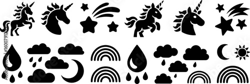 Black silhouette mythical creatures and weather elements collection unicorn vector