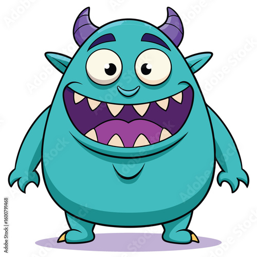Humorous Cartoon Monster Boss Character Design with Large Proportions and Bright Colors Suitable for Children s Media or Playful Branding Applications Featuring Classic Font Styles
