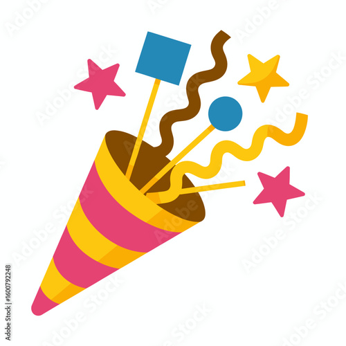Party popper exploding with confetti and streamers isolated on white background