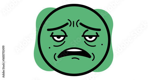 Green Cartoon Face Expressing Sadness and Fatigue.