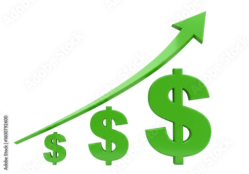 3D green dollar signs with upward arrow isolated on transparent background