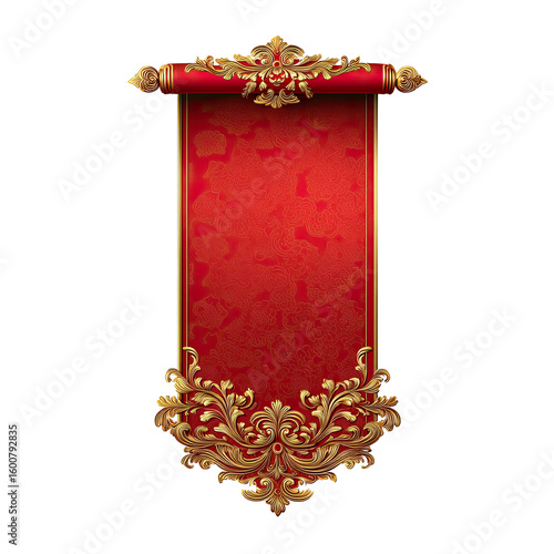 Red scroll banner with ornate gold trim