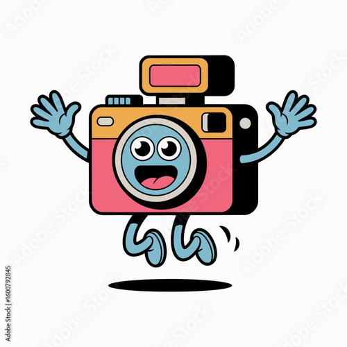Happy cartoon camera character jumping with joy isolated on white background