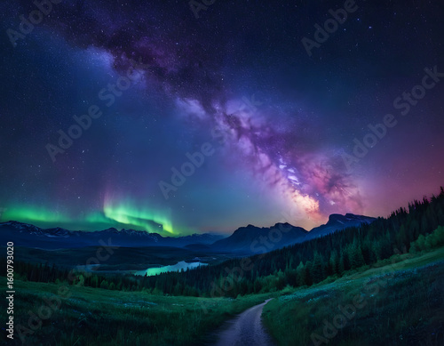Beautiful fantasy starry night sky, blue and purple colorful, galaxy and aurora 4k wallpaper, magic night