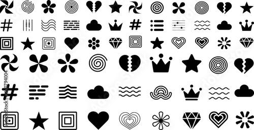 Diverse collection of black vector symbols including hearts stars clouds and flowers silhouette