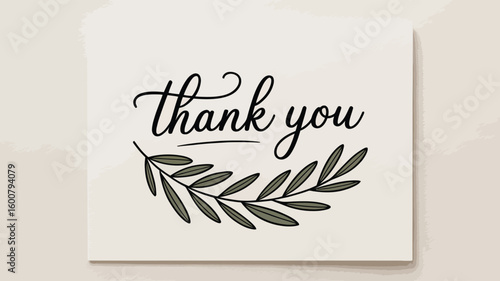 Elegant “Thank You” Card — Cursive Typography with Green Leaf Branch on White Background Symbolizing Gratitude and Natural Warmth
