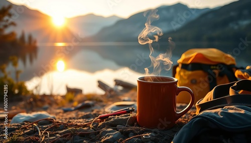 Sunrise illuminates a steaming coffee mug beside a tranquil lake, camping gear nearby,  vacation,  content