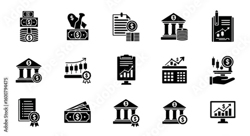 Black and White Financial Icons Representing Banking and Finance.