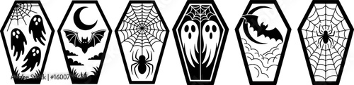 Halloween coffin icons featuring ghosts bats spiders and cobwebs vector