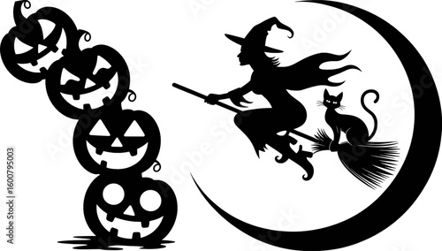 Halloween witch flying on broomstick with cat and pumpkins vector
