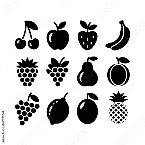 Collection of black fruit icons isolated on white background