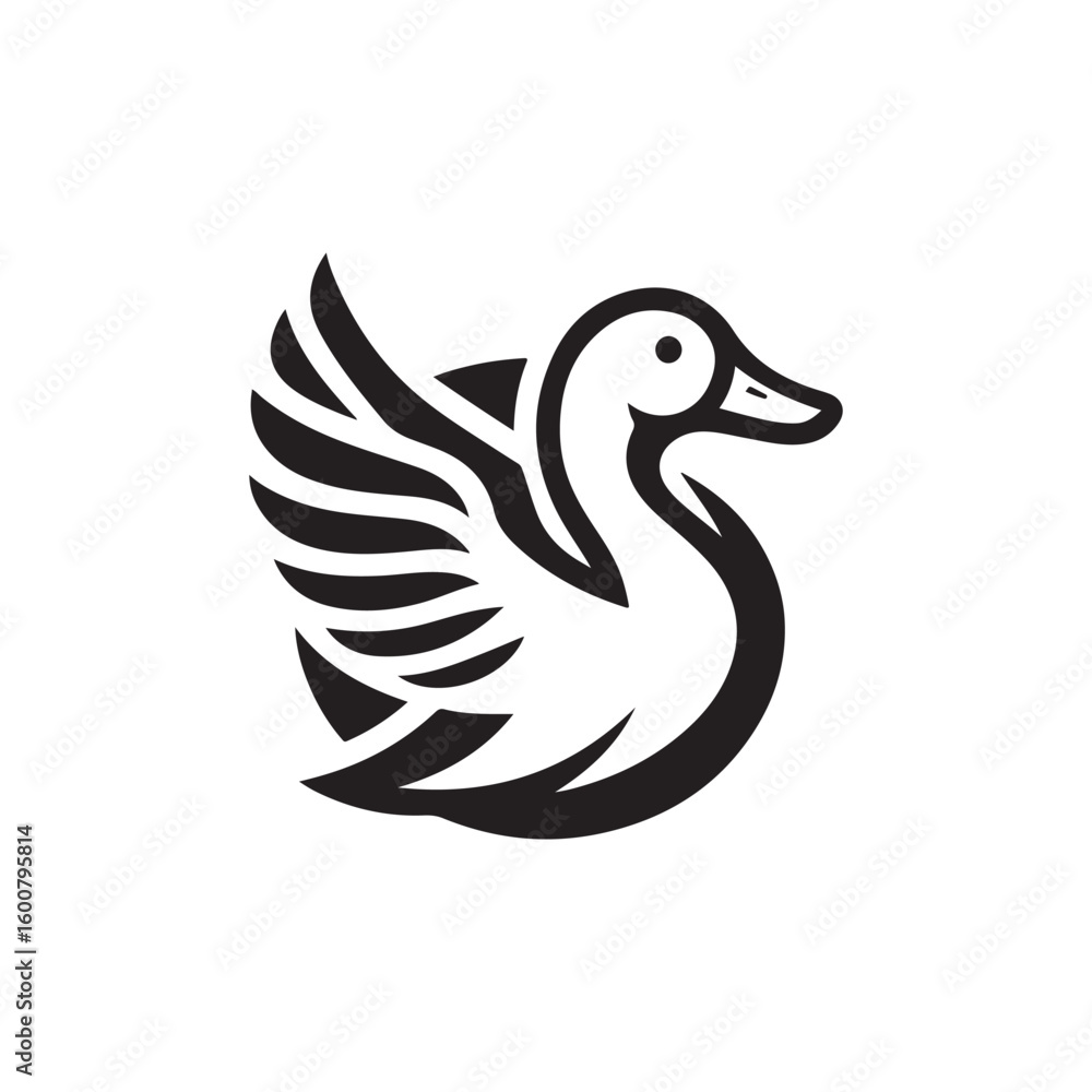 Obraz premium Stylized black and white illustration of a duck with wings spread in a simple graphic design