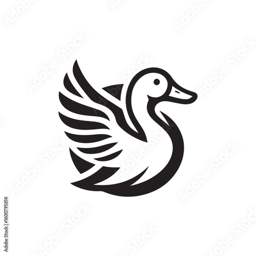 Stylized black and white illustration of a duck with wings spread in a simple graphic design