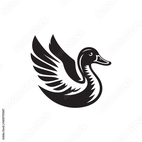 Stylized black and white illustration of a duck with wings spread in a graceful pose