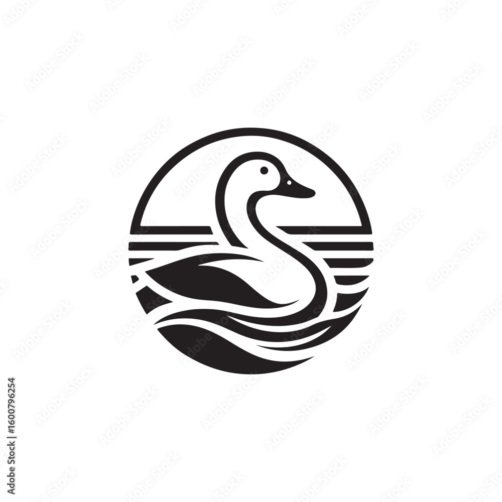 Obraz premium Artistic black and white circular logo design featuring a graceful swan swimming on wavy water