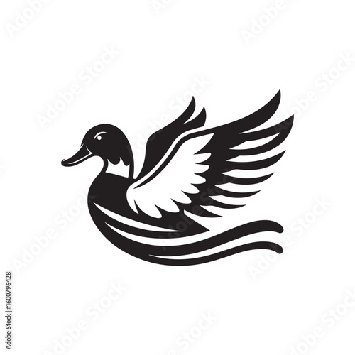 Stylized black and white illustration of a duck in flight with wings spread wide