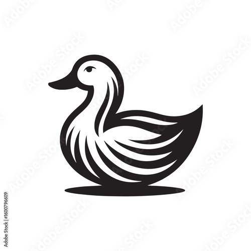 Stylized black and white illustration of a sitting duck with flowing feather details