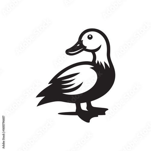 Stylized black and white illustration of a standing duck facing left