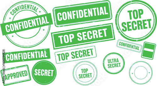 Green Top Secret and Confidential grunge rubber stamp set. Collection of security seal vectors with Approved and Secret text for official documents.
