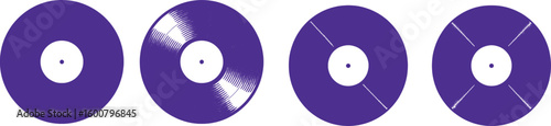 Purple vinyl records with different groove patterns and central labels music audio