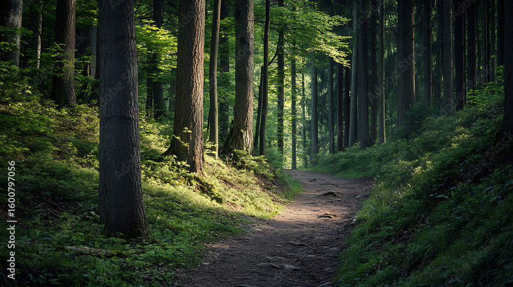 Obraz premium A striking representation of the mid-life of trees as seen on a forest trail 