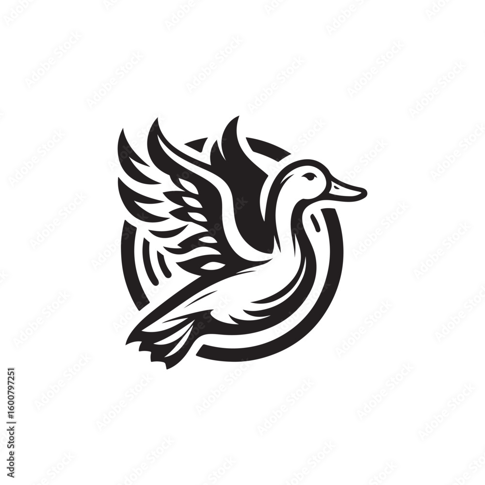 Fototapeta premium Stylized black and white illustration of a duck in flight with outstretched wings inside a circular emblem