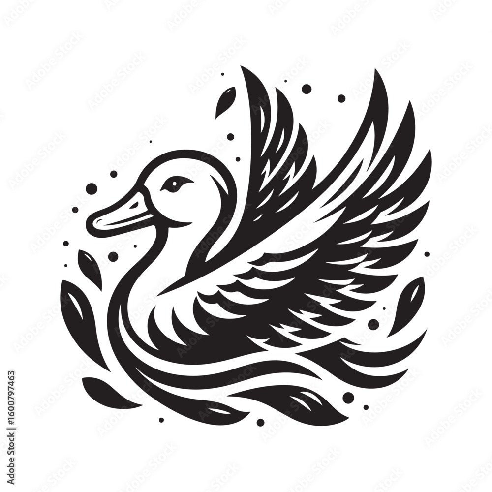 Fototapeta premium Stylized black and white illustration of a majestic duck with outstretched wings in water