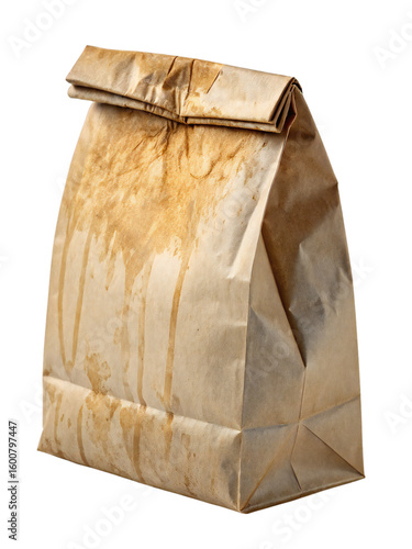 Used grease-stained brown paper lunch bag isolated on transparent background, ideal for food delivery concepts, waste awareness, fast food packaging, or realistic design elements