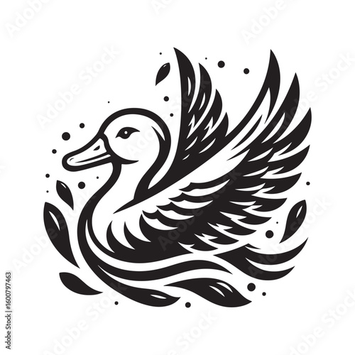 Stylized black and white illustration of a majestic duck with outstretched wings in water