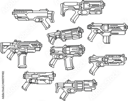 Collection of futuristic sci fi weapon designs and concept sketches showcasing a variety of advanced firearms and blaster prototypes