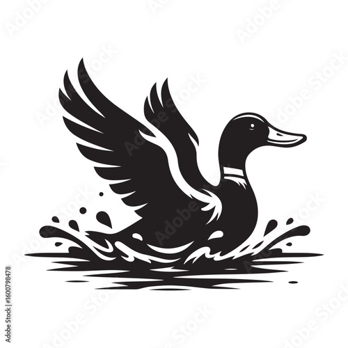Black silhouette of a mallard duck taking flight from splashing water with wings spread