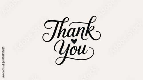 Elegant “Thank You” Script with Heart Motif — Black Cursive Typography with Decorative Swirls on Beige Background Symbolizing Gratitude