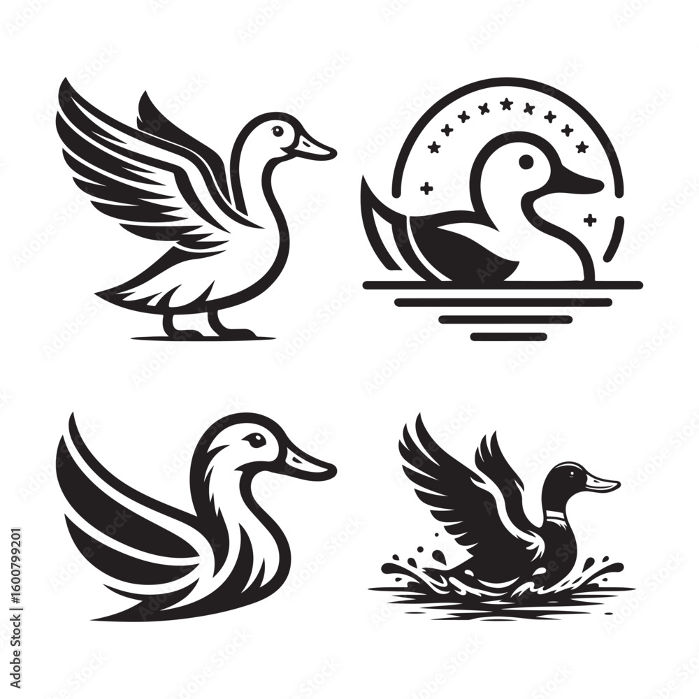 Obraz premium Collection of four stylized black and white duck illustrations in different poses and styles