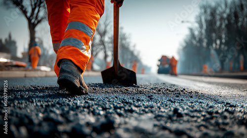 Close up of worker in orange safety pants and boots with shovel on asphalt road construction