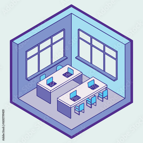 Modern bright coworking space isometric illustration isolated on white background