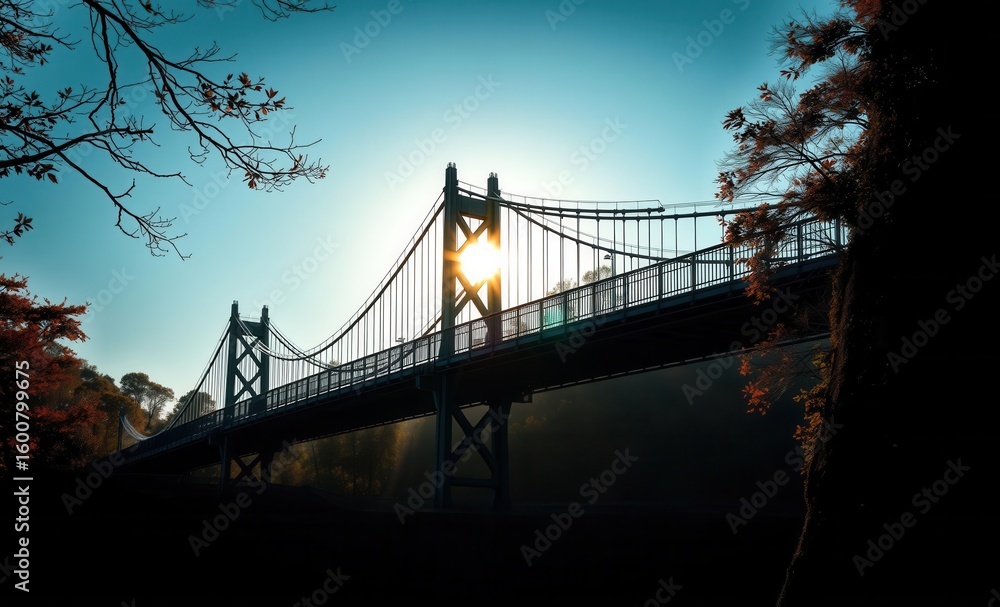 Fototapeta premium Autumn morning on the hanging bridge Vibrant Rim Light technology vibrant background colorful modern