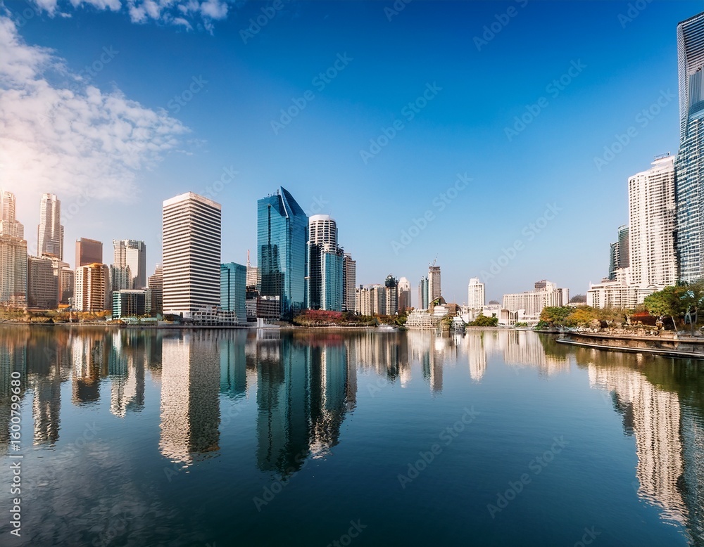 Fototapeta premium cityscape reflection in calm water blue sky city skyline cityscape river reflection