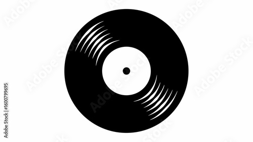 Illustration of a black vinyl record with grooves and a white center on a white background design style