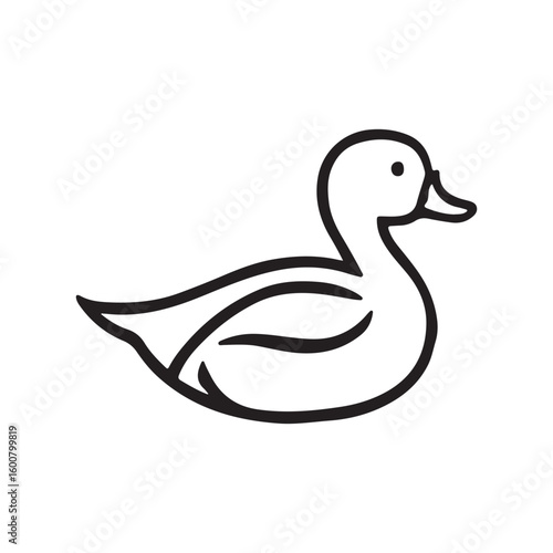 Simple hand drawn outline of a duck in black ink on a white background