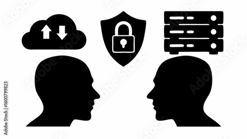 Two head silhouettes facing each other with cloud server shield and data server icons above their heads