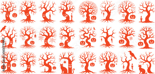 Spooky Halloween trees with pumpkins spiders and crows spiderweb
