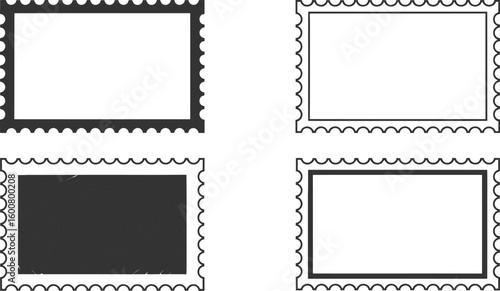 Set of blank postage stamp frames and borders. Mail icon collection with perforated edges. Empty stamp silhouette and outline vector templates for design.
