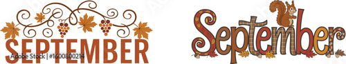 Autumnal September text headers. Decorative fall typography set with cute squirrel and owl illustrations. Seasonal graphic elements with leaves for design.
