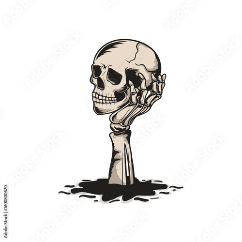 Vector illustration of a Hand holding a Skull Emerging from the Ground, Symbol of Death and Reflection, isolated on a white background