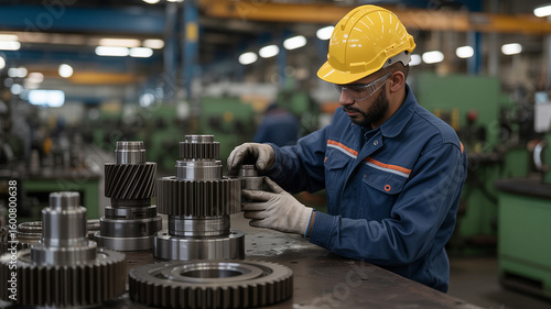 Man in yellow hard hat and blue uniform assembling metal gears in workshop worker industrial
