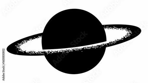 Illustration of a black planet with a textured ring system orbiting it against a white background view from space