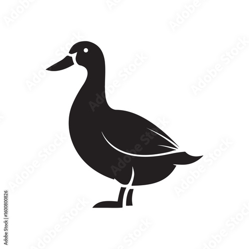 Simple silhouette of a black duck standing on white background isolated