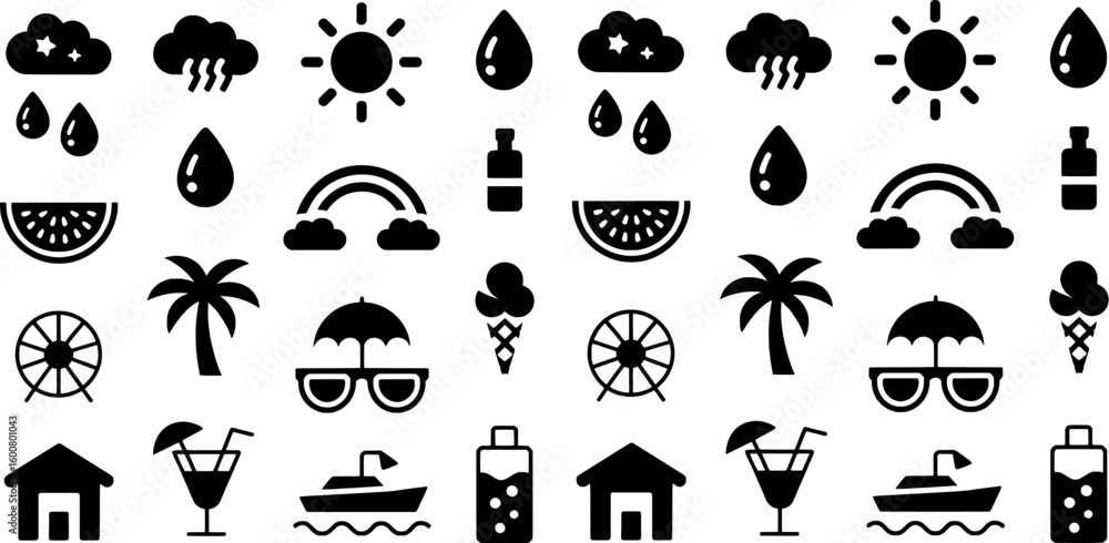 Fototapeta premium Summer vacation icons featuring weather and leisure activities vector silhouette