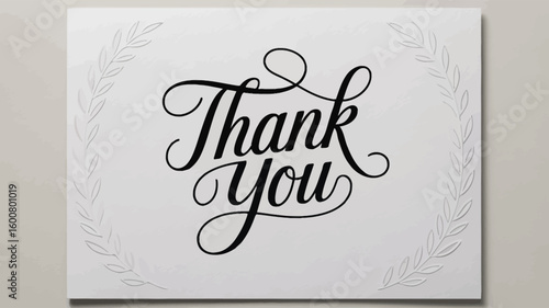 Elegant “Thank You” Card — Black Script Typography Surrounded by Laurel Wreath on White Background Symbolizing Gratitude and Appreciation